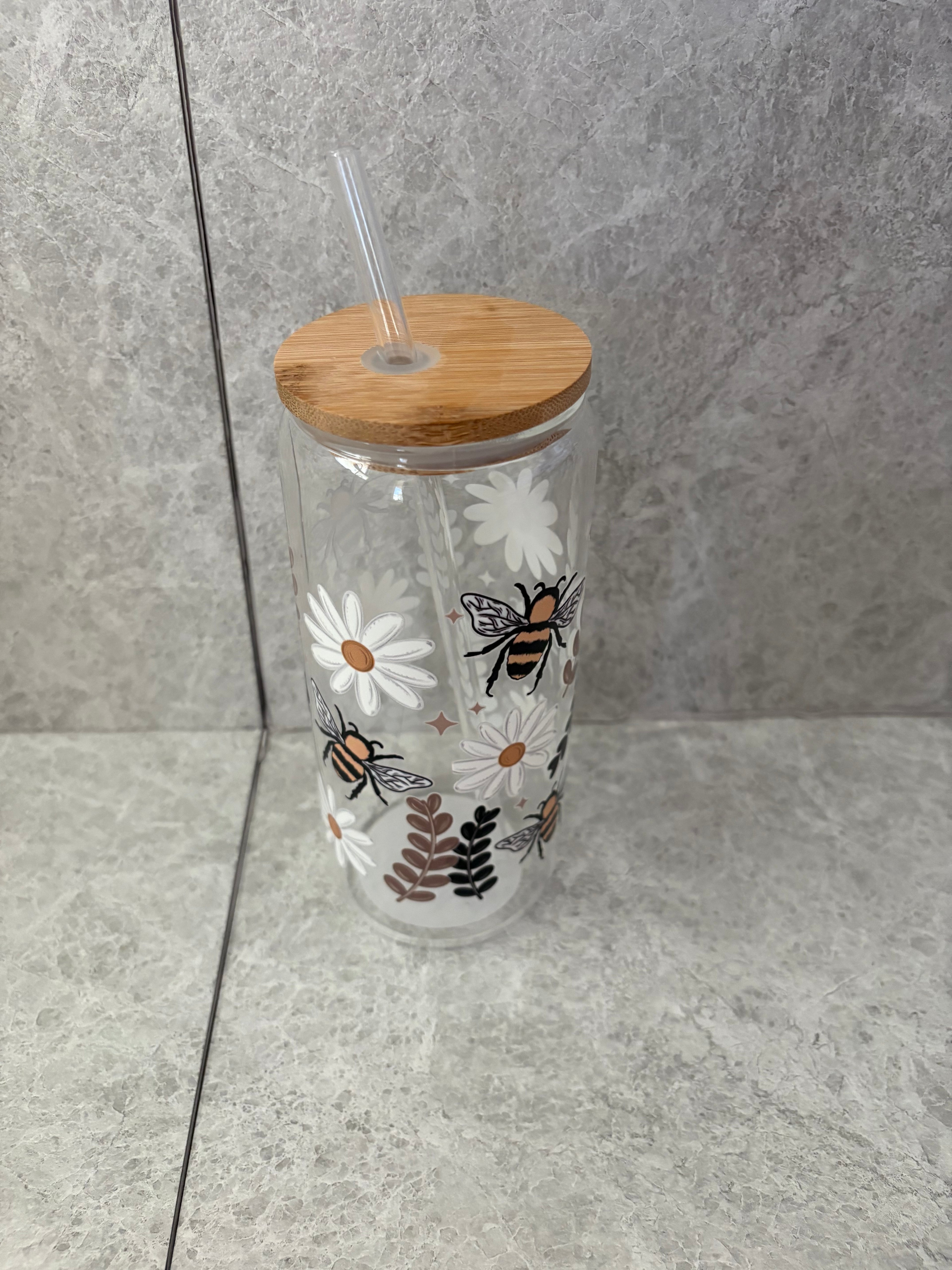Bee Coffee Glass with Bamboo Lid & Glass Straw