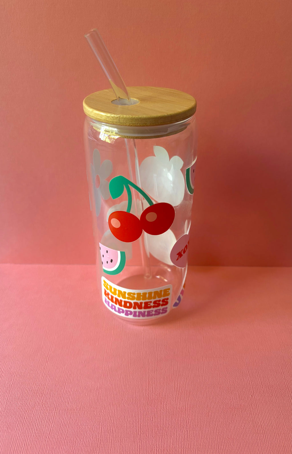 Positive Affirmations Coffee Glass with Bamboo Lid & Glass Straw