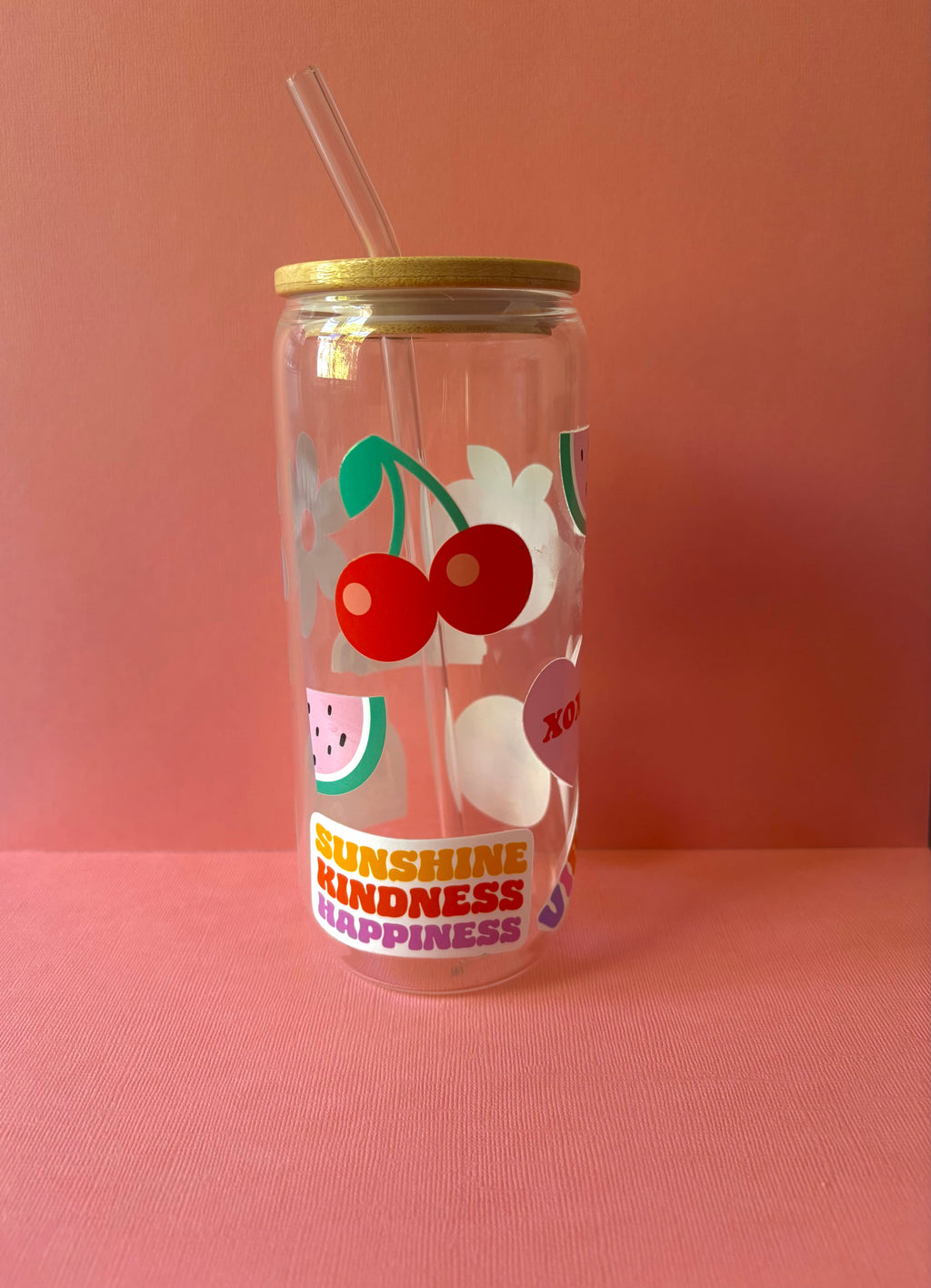 Positive Affirmations Coffee Glass with Bamboo Lid & Glass Straw