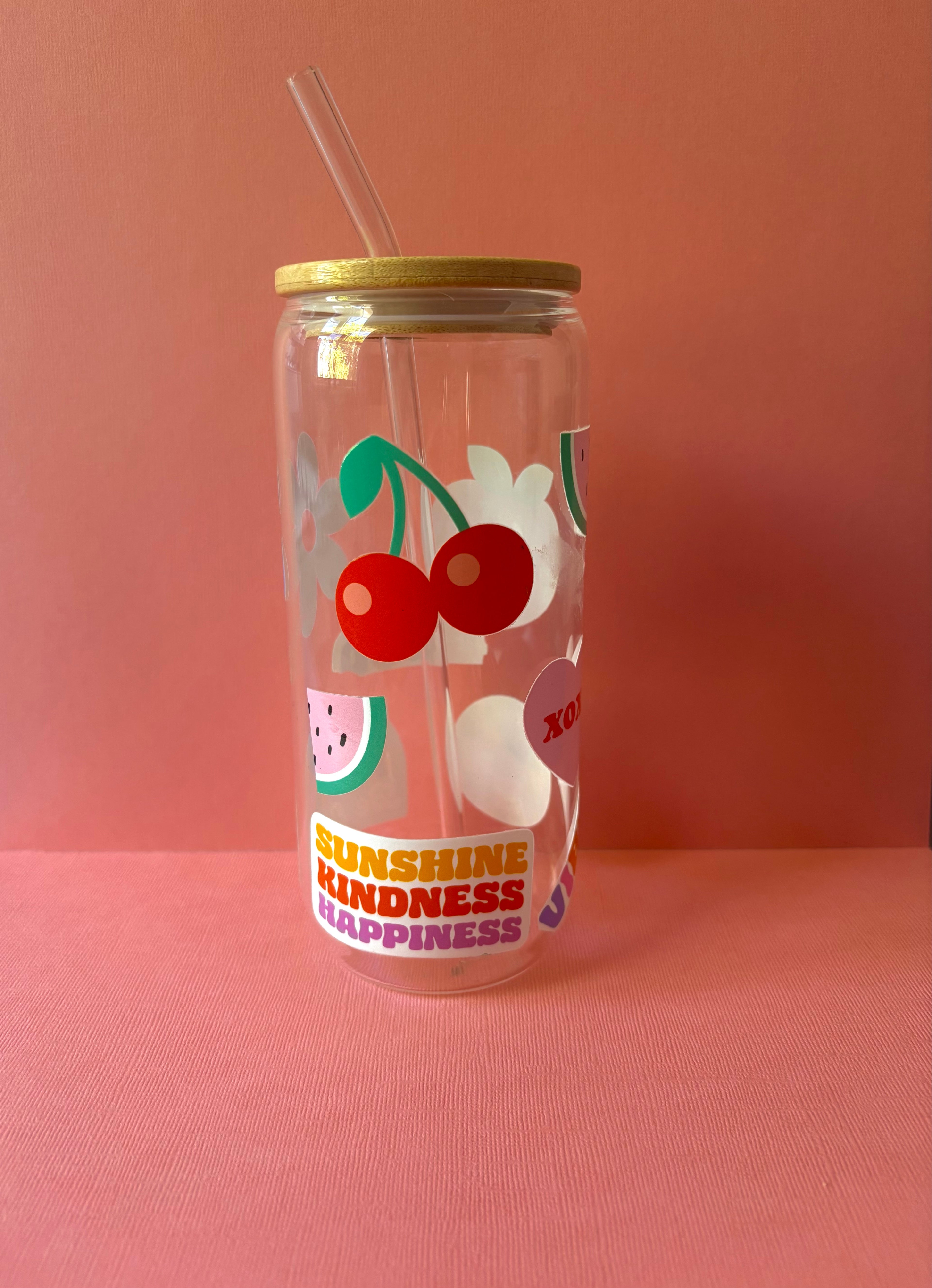 Positive Affirmations Coffee Glass with Bamboo Lid & Glass Straw