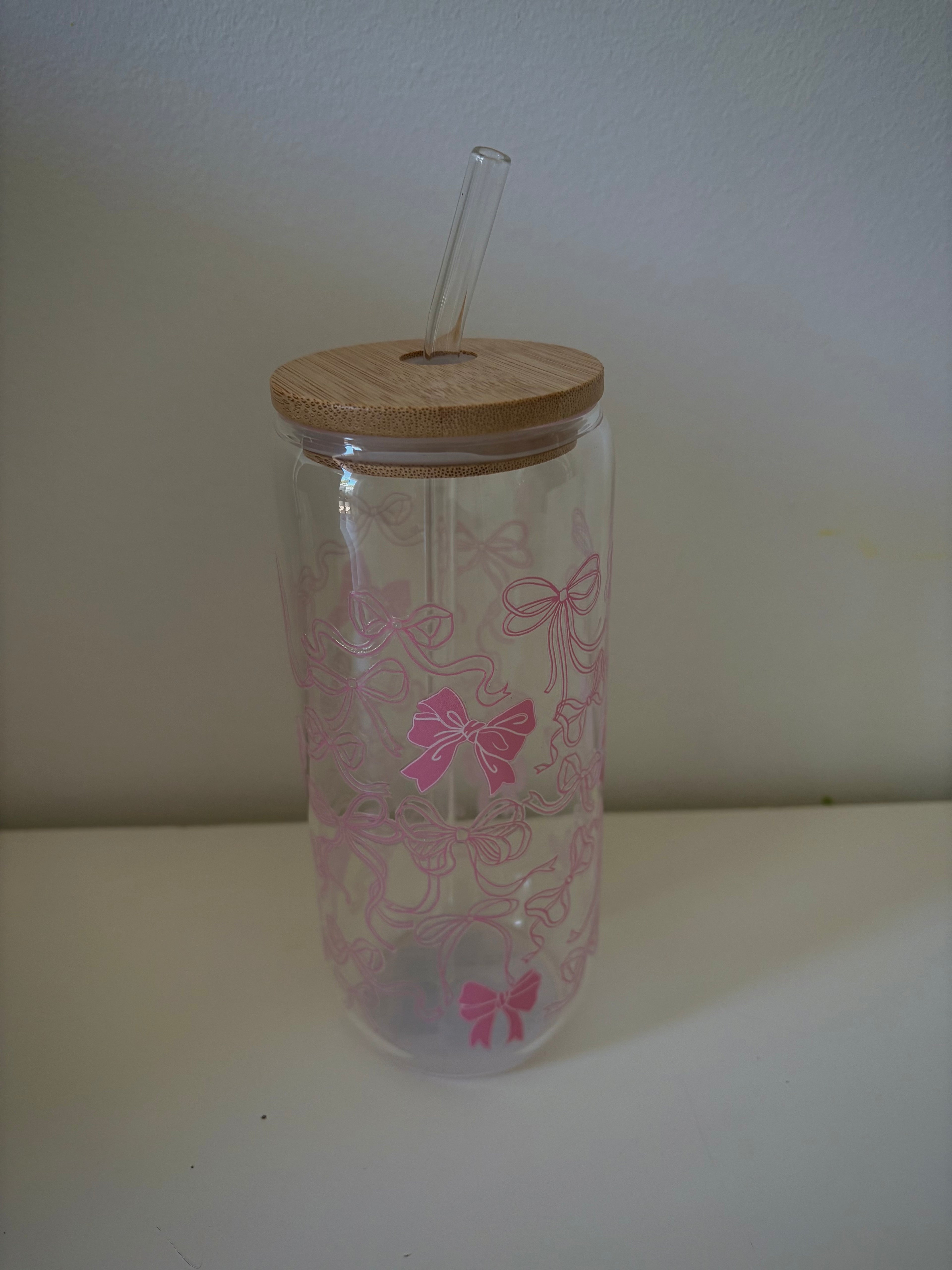 Pink Bows Coffee Glass with Bamboo Lid & Glass Straw