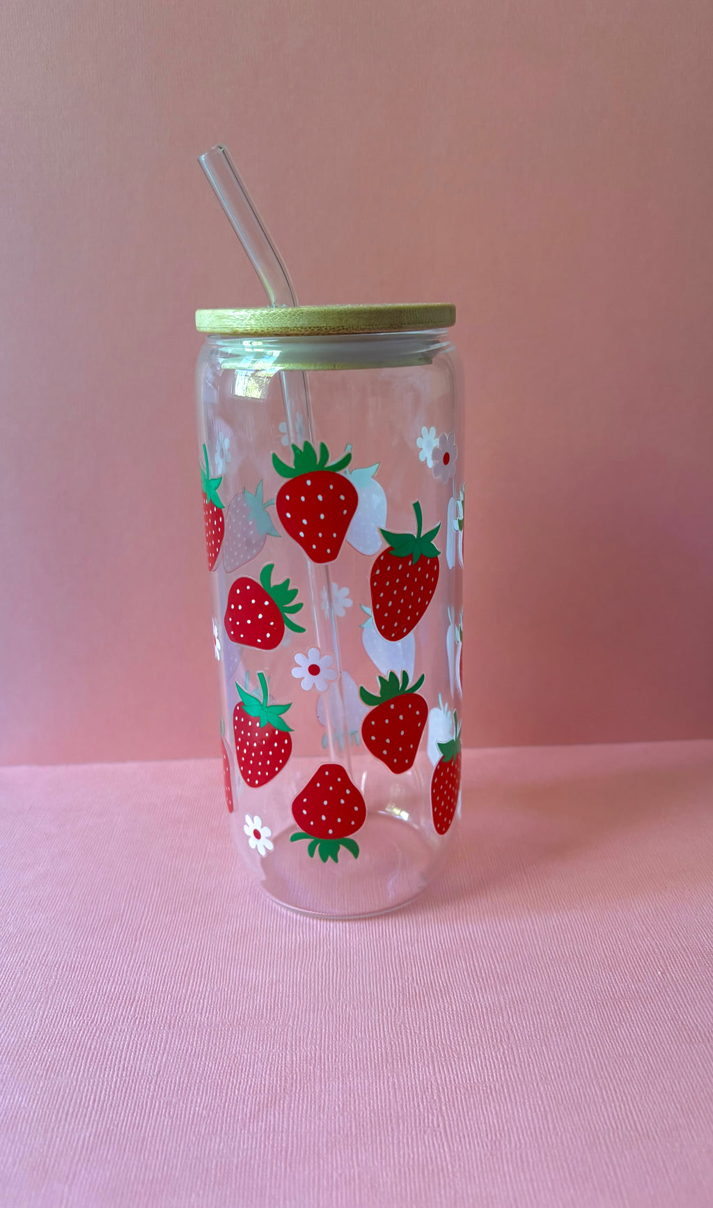 Strawberry Coffee Glass with Bamboo Lid & Glass Straw