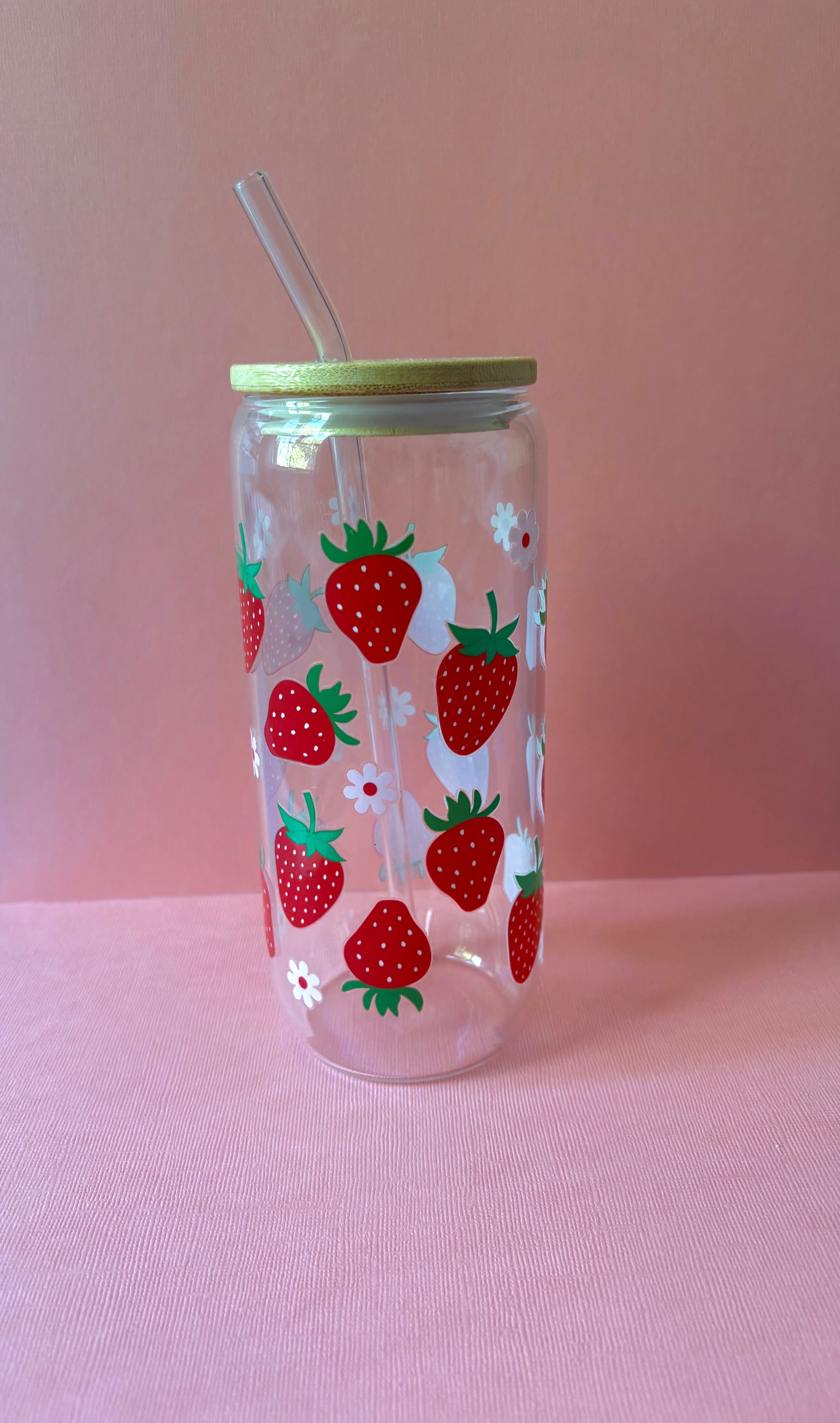 Strawberry Coffee Glass with Bamboo Lid & Glass Straw
