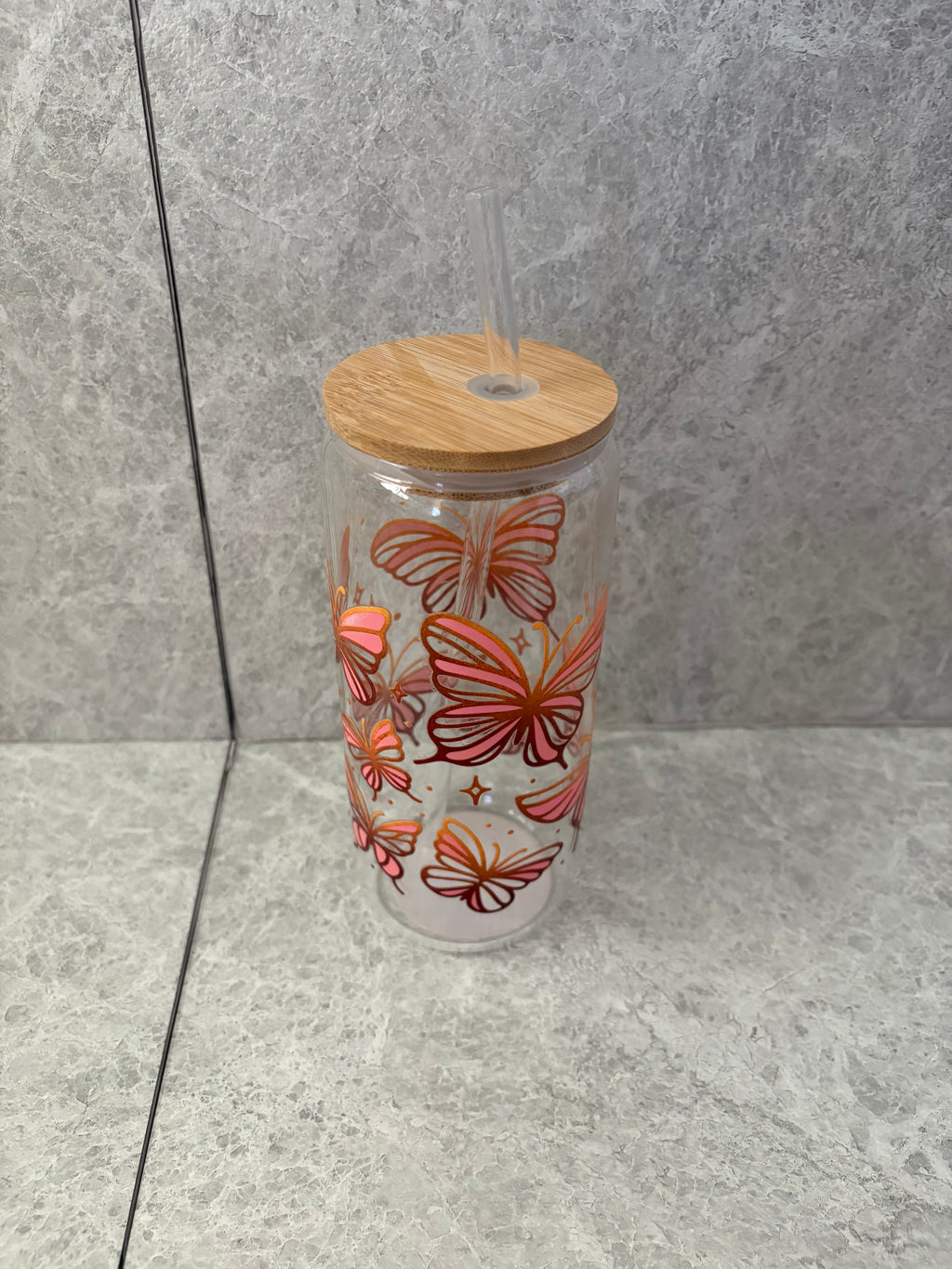 Butterfly Coffee Glass with Bamboo Lid & Glass Straw