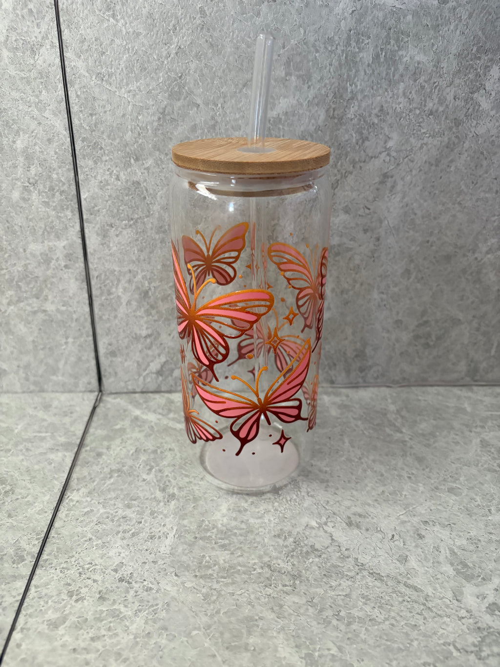 Butterfly Coffee Glass with Bamboo Lid & Glass Straw