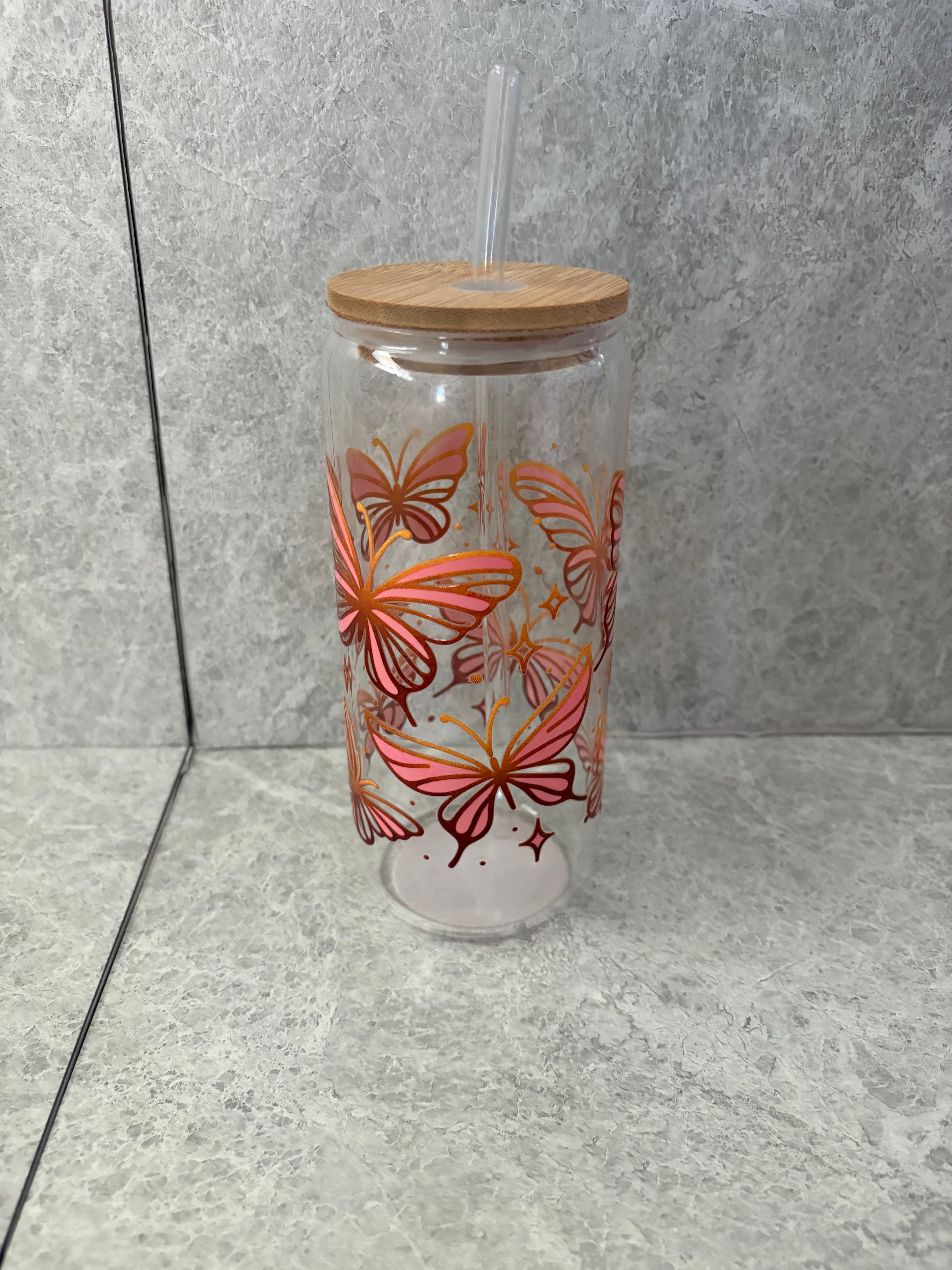 Butterfly Coffee Glass with Bamboo Lid & Glass Straw