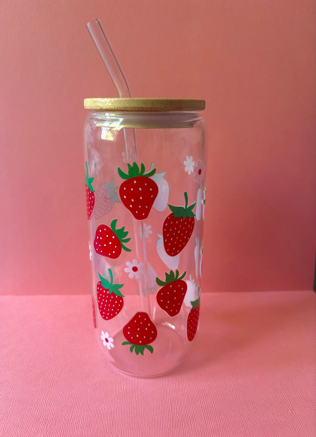 Strawberry Coffee Glass with Bamboo Lid & Glass Straw