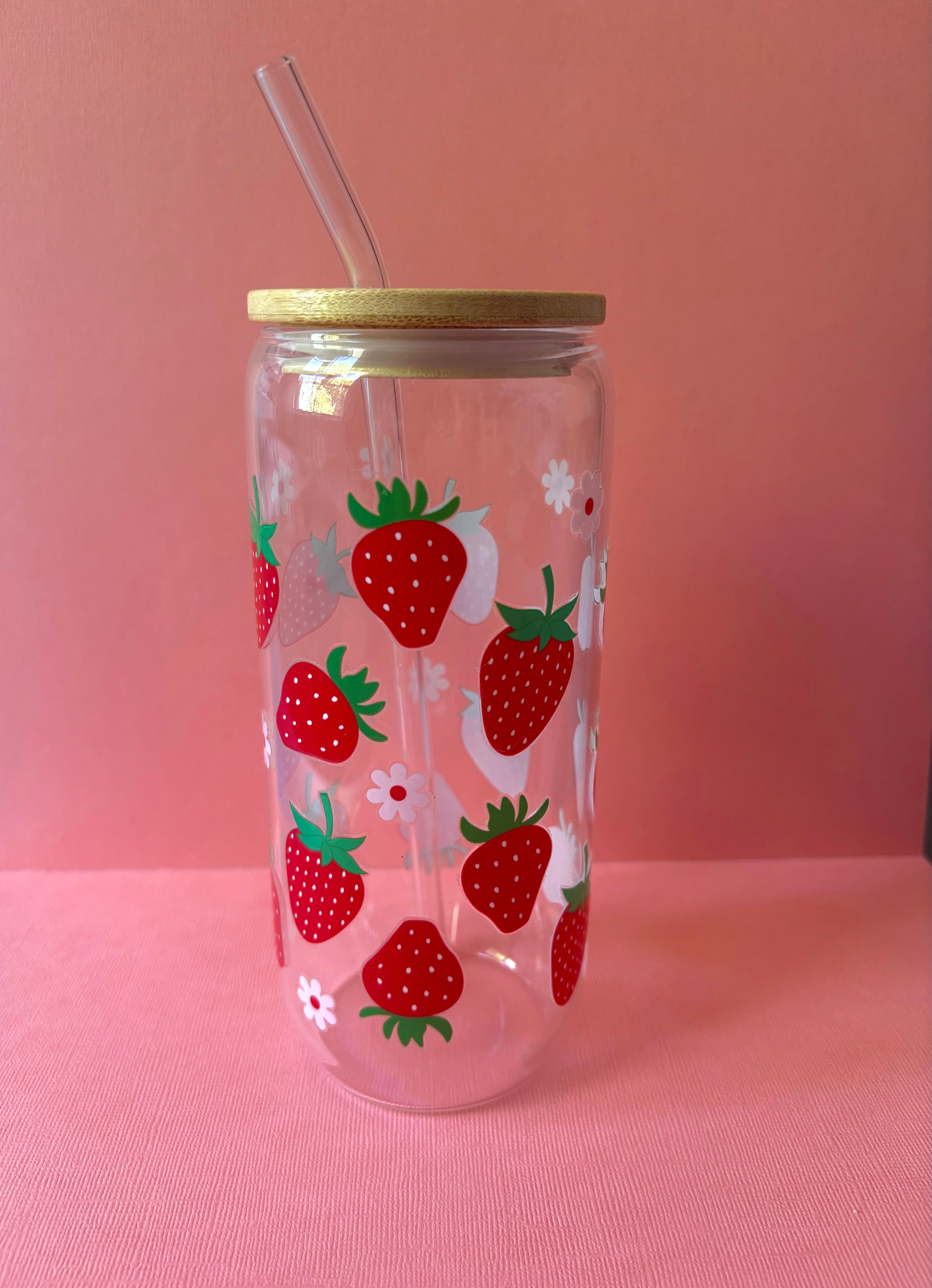 Strawberry Coffee Glass with Bamboo Lid & Glass Straw