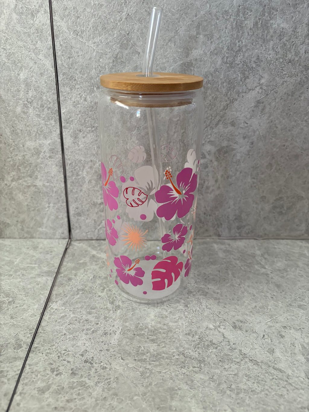 Hibiscus Flower Coffee Glass with Bamboo Lid & Glass Straw