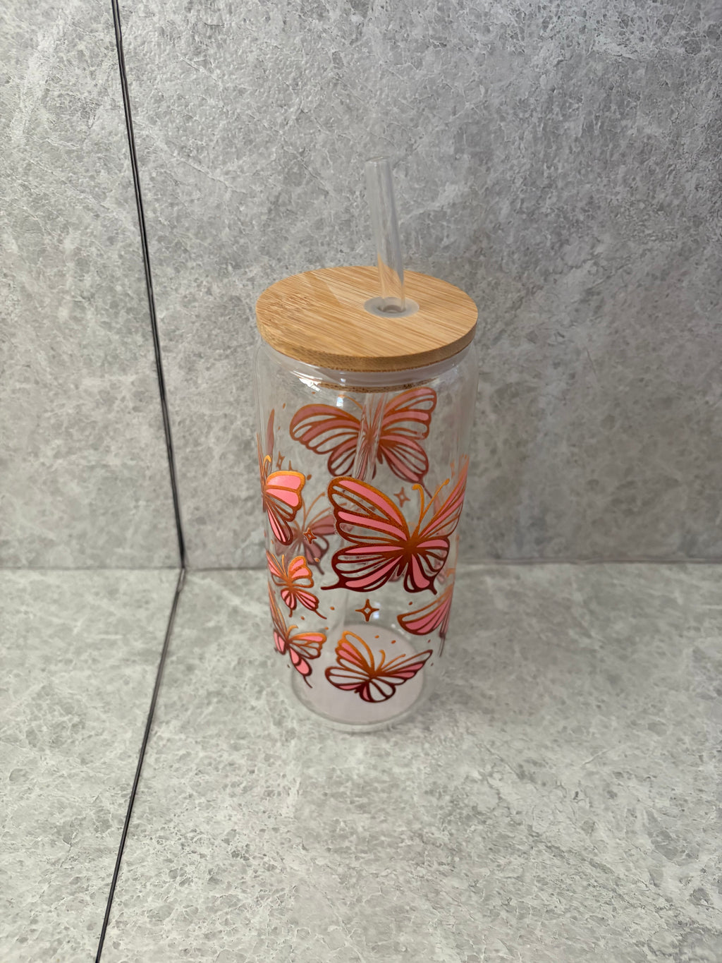 Butterfly Coffee Glass with Bamboo Lid & Glass Straw