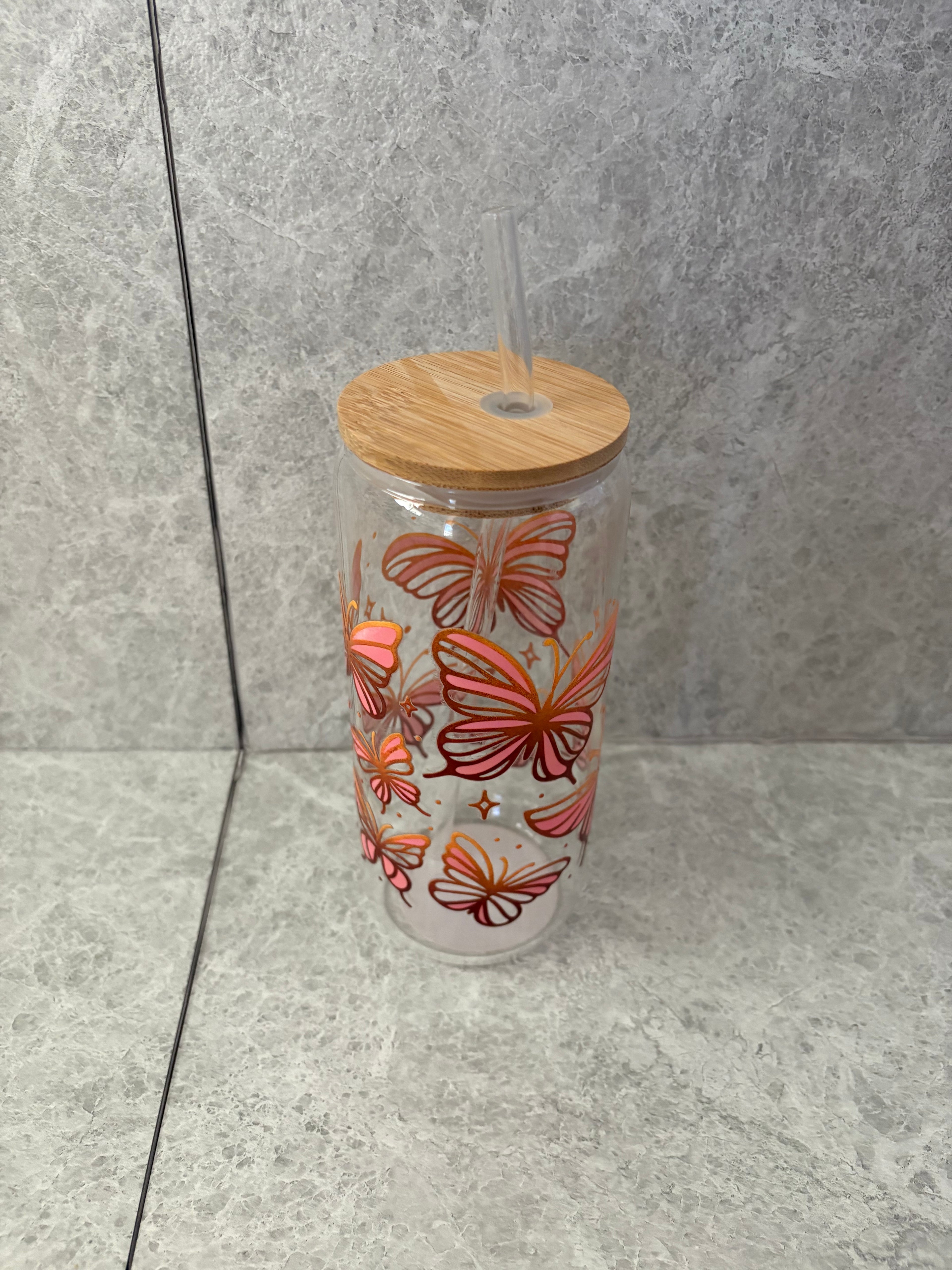 Butterfly Coffee Glass with Bamboo Lid & Glass Straw