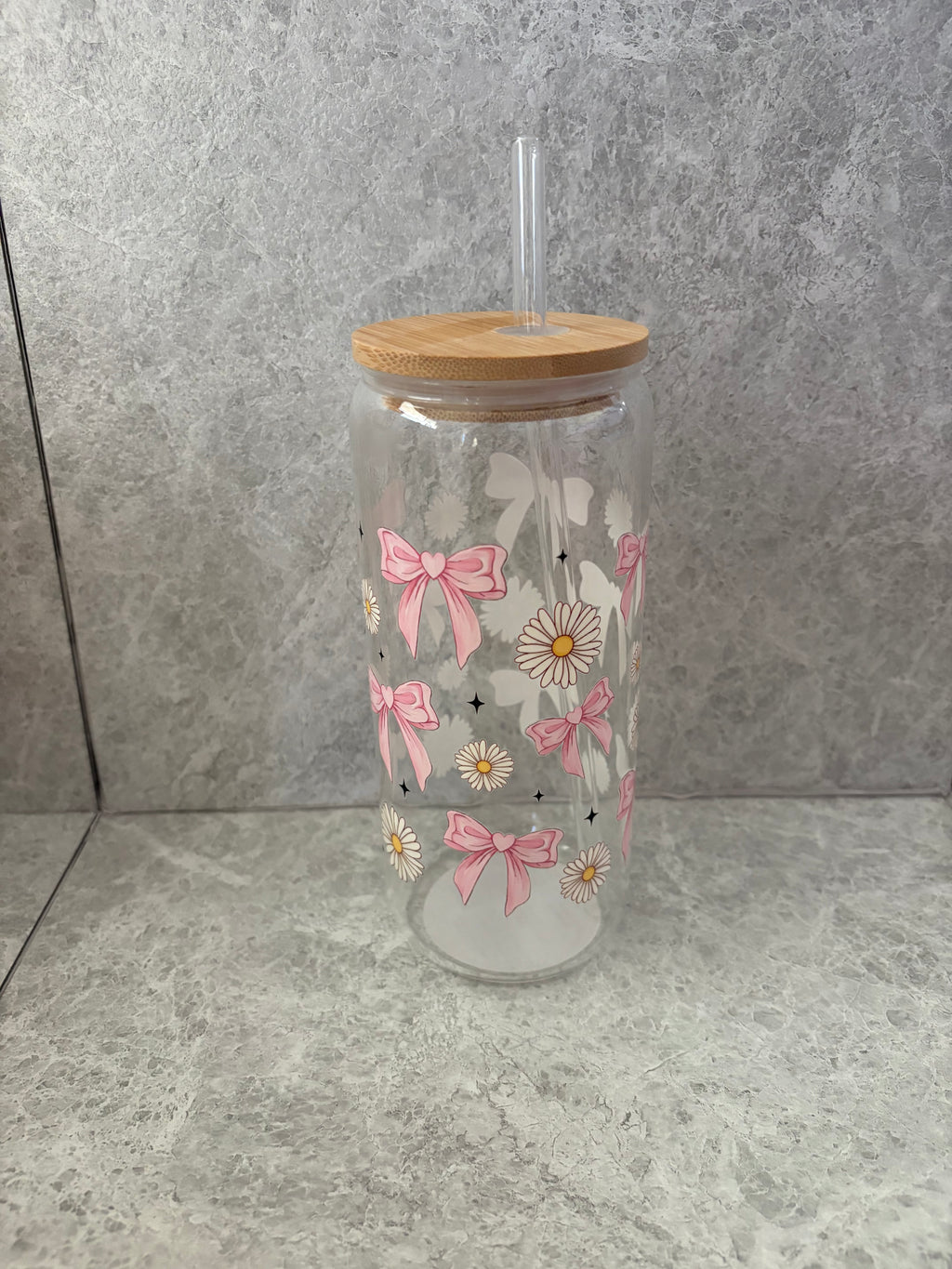 Bows & Flowers Coffee Glass with Bamboo Lid & Glass Straw