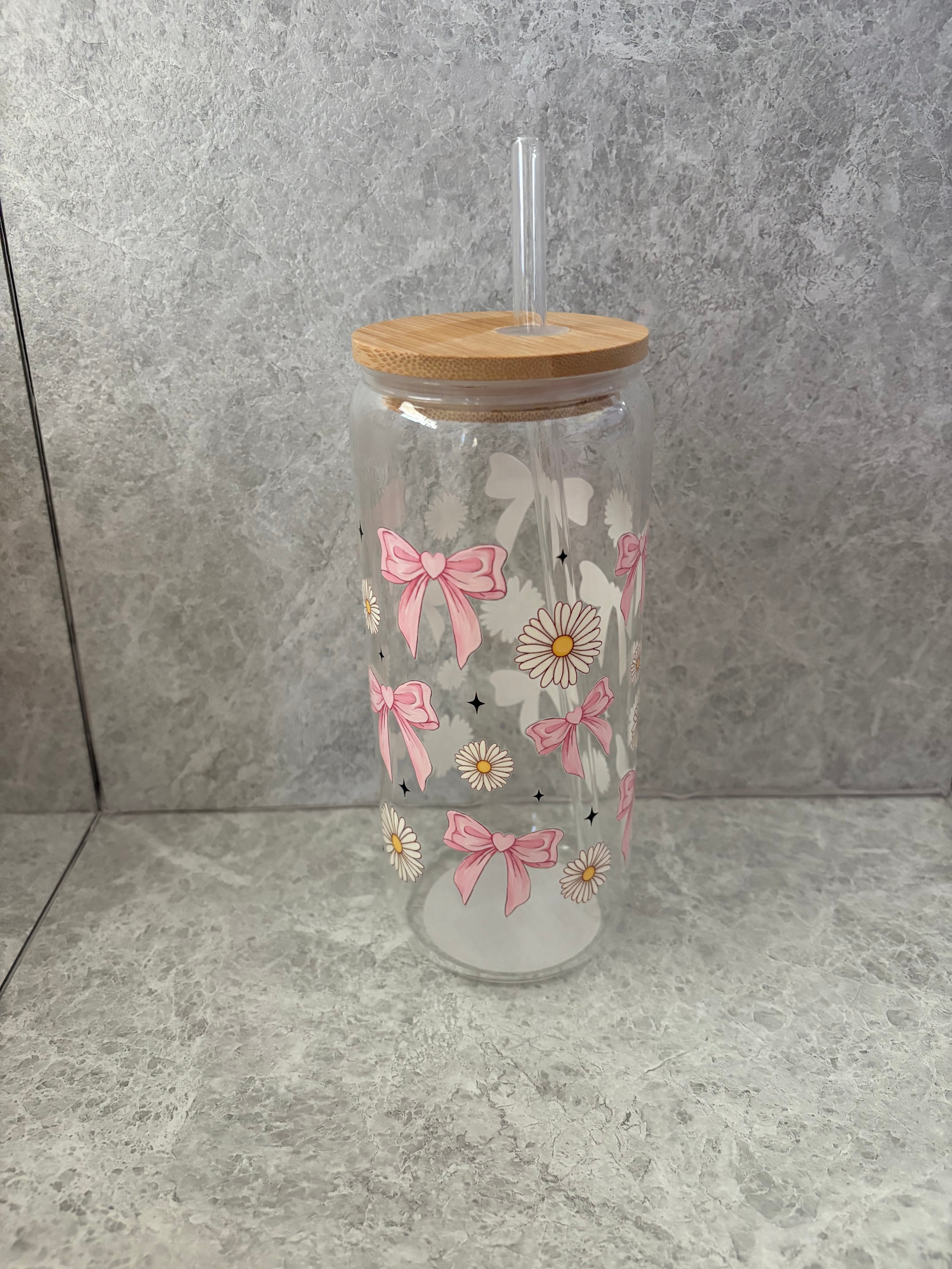 Bows & Flowers Coffee Glass with Bamboo Lid & Glass Straw