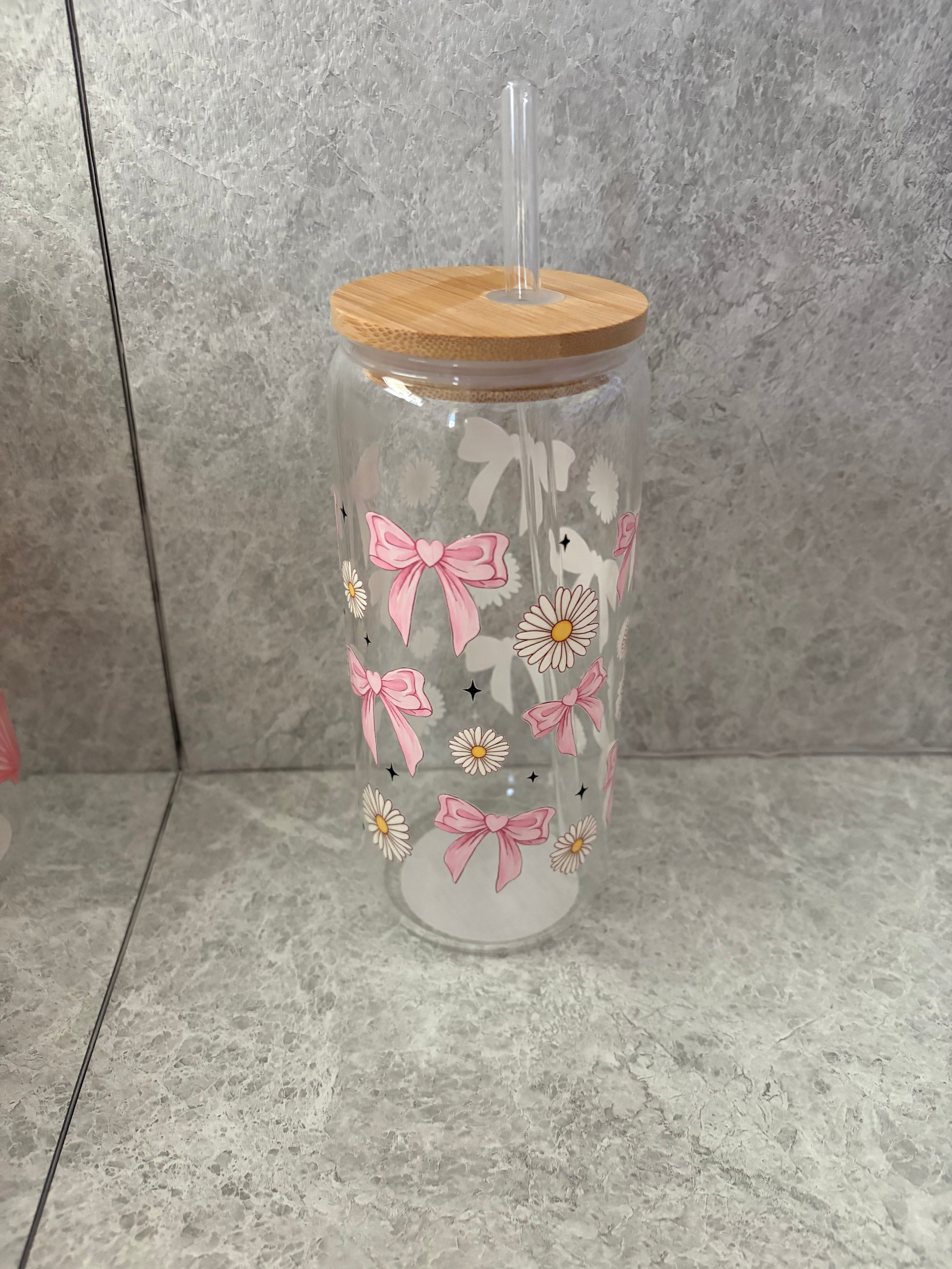Bows & Flowers Coffee Glass with Bamboo Lid & Glass Straw