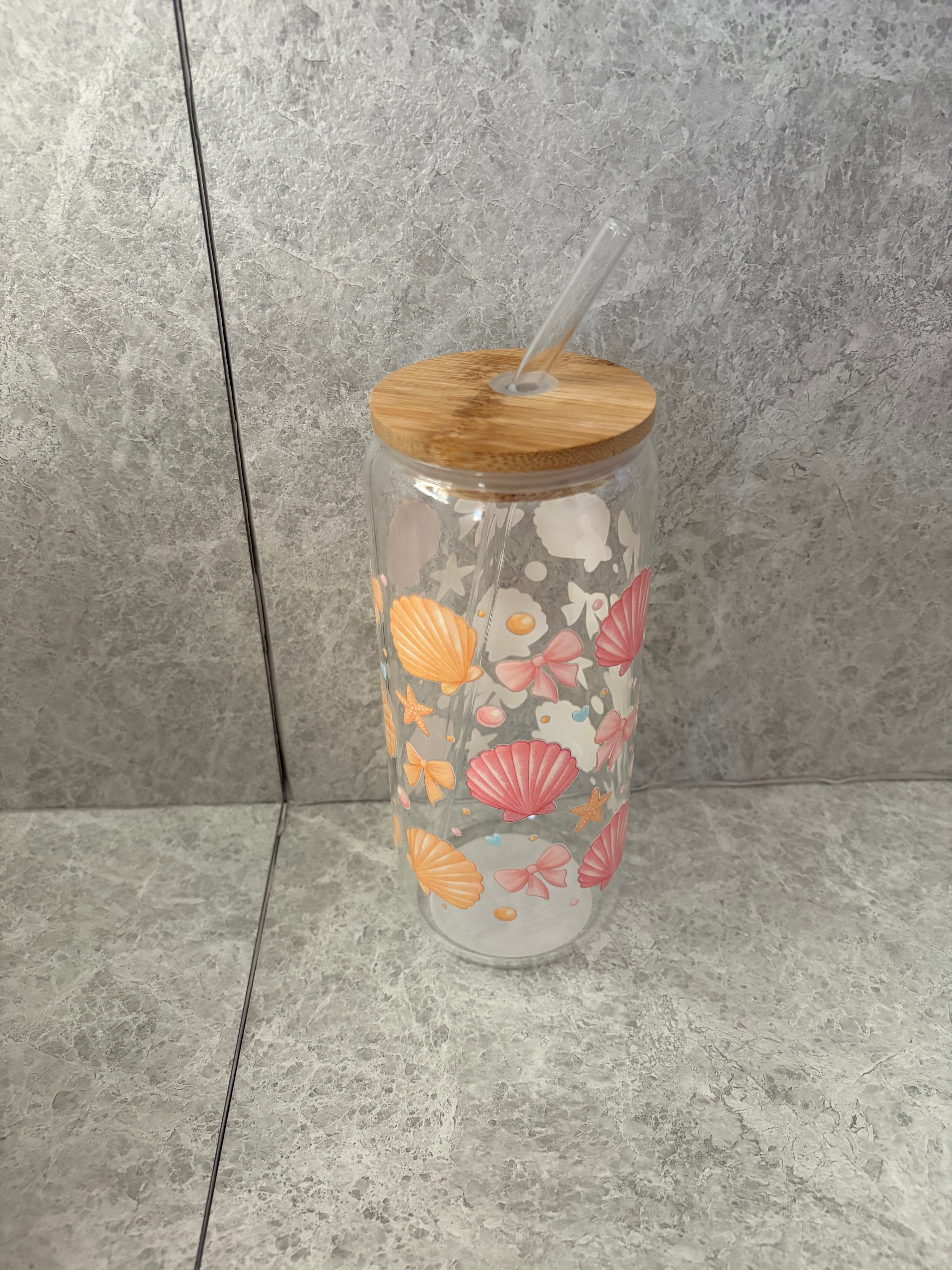 Pink Sea Shells Coffee Glass with Bamboo Lid & Glass Straw