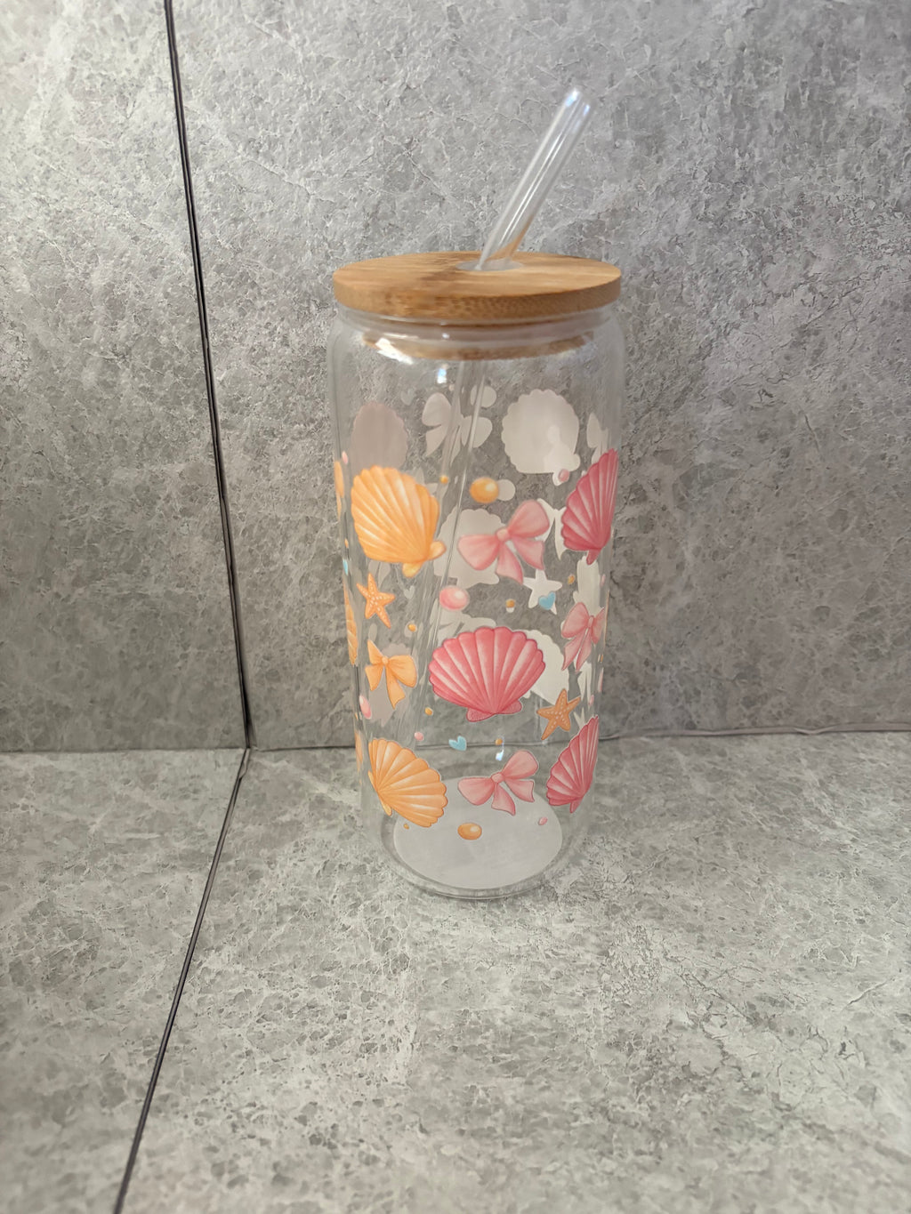 Pink Sea Shells Coffee Glass with Bamboo Lid & Glass Straw