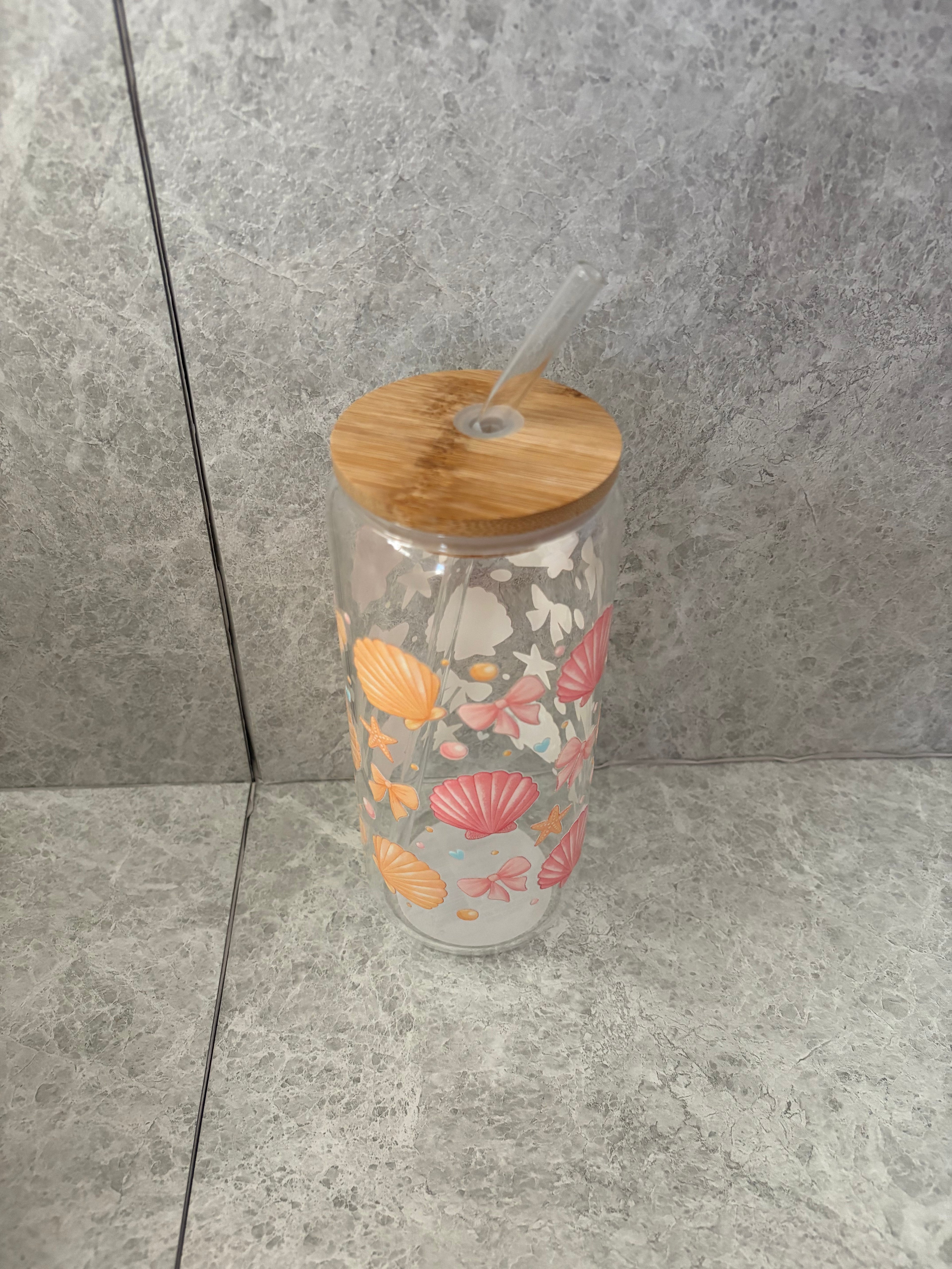 Pink Sea Shells Coffee Glass with Bamboo Lid & Glass Straw