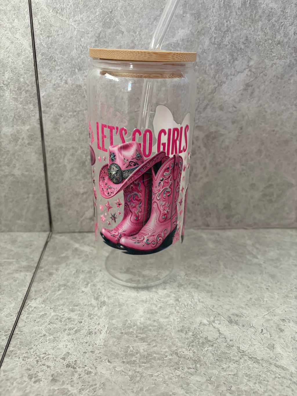 Let’s Go Girls & Cow Boots Coffee Glass with Bamboo Lid & Glass Straw