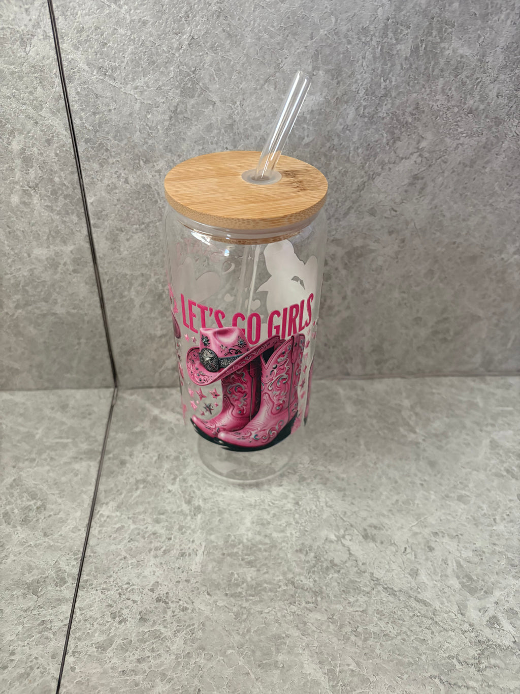 Let’s Go Girls & Cow Boots Coffee Glass with Bamboo Lid & Glass Straw