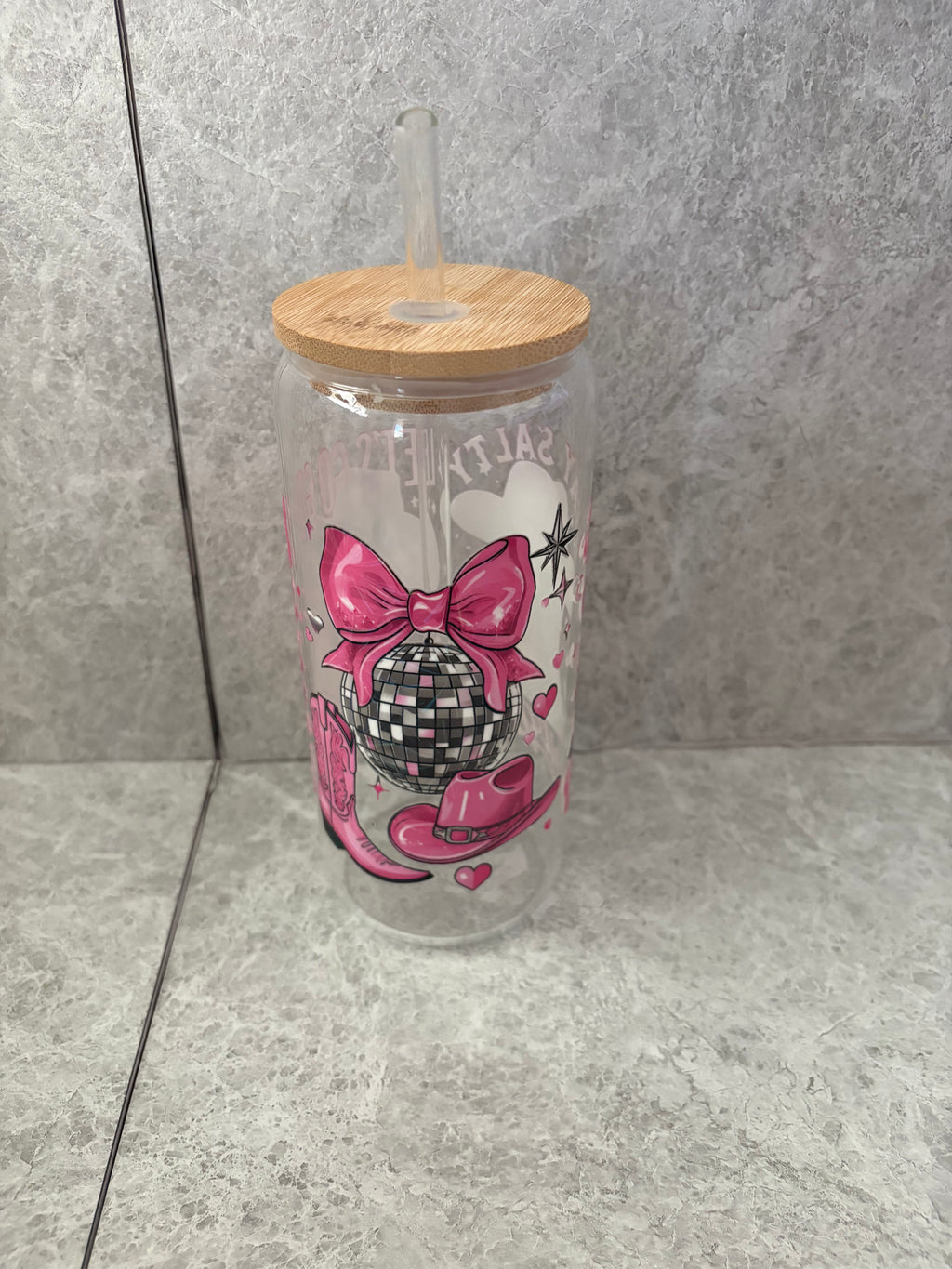 Let’s Go Girls & Cow Boots Coffee Glass with Bamboo Lid & Glass Straw