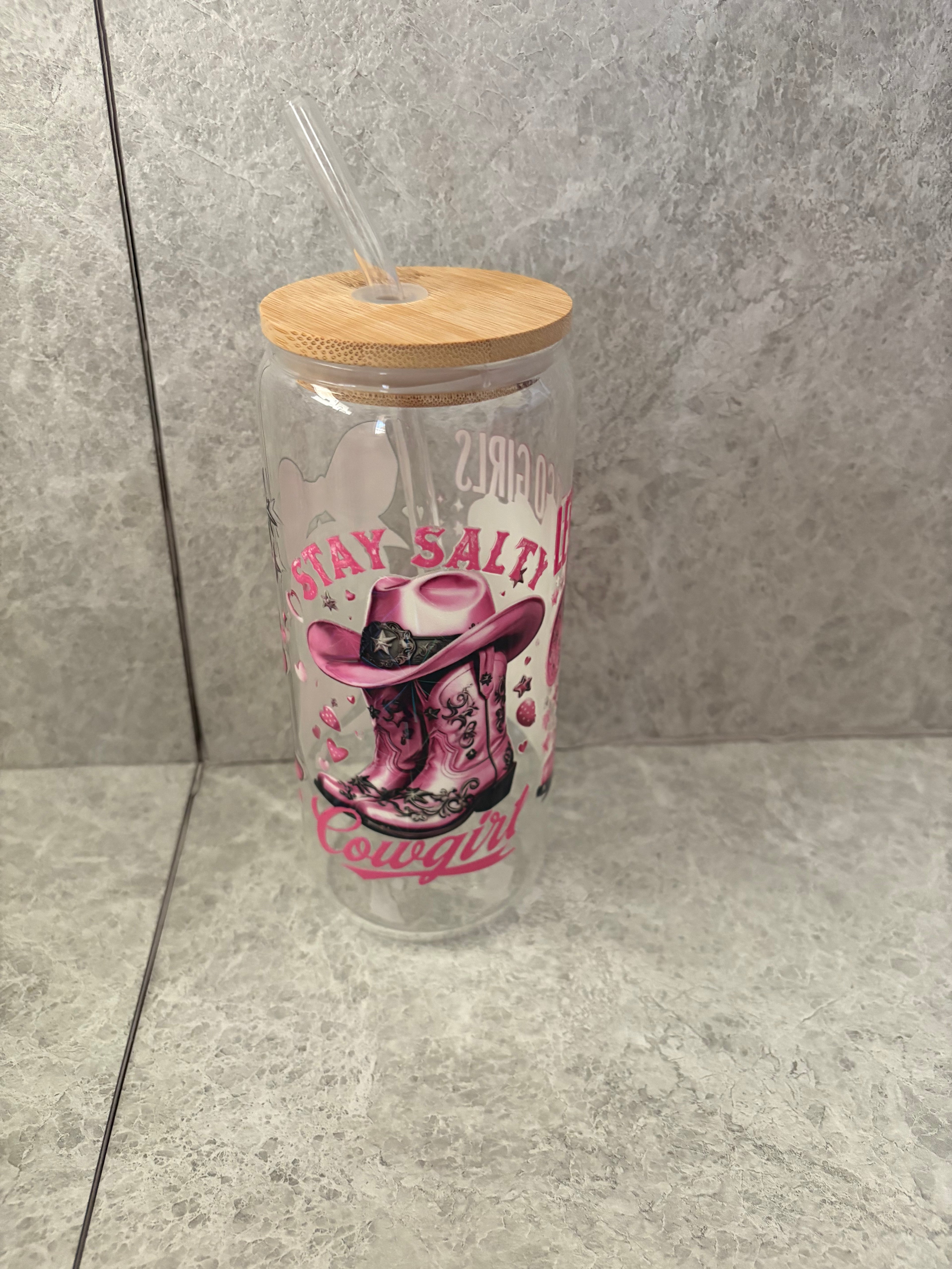 Let’s Go Girls & Cow Boots Coffee Glass with Bamboo Lid & Glass Straw