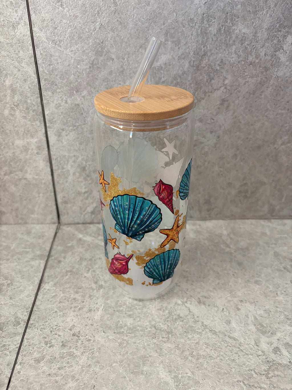 Blue Sea Shells Coffee Glass with Bamboo Lid & Glass Straw