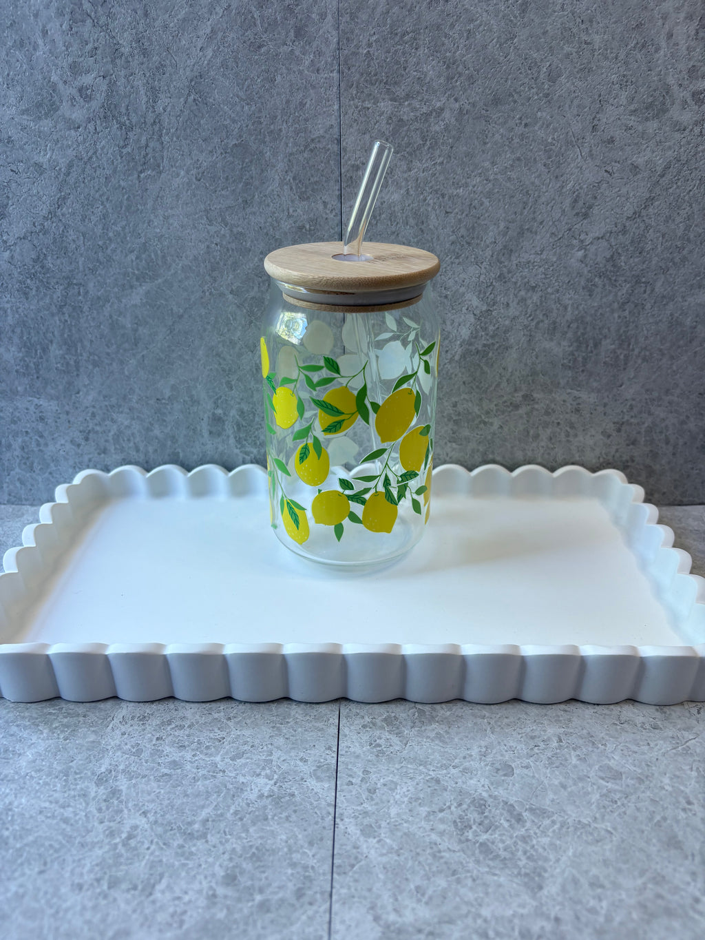 Lemon Coffee Glass with Bamboo Lid & Glass Straw