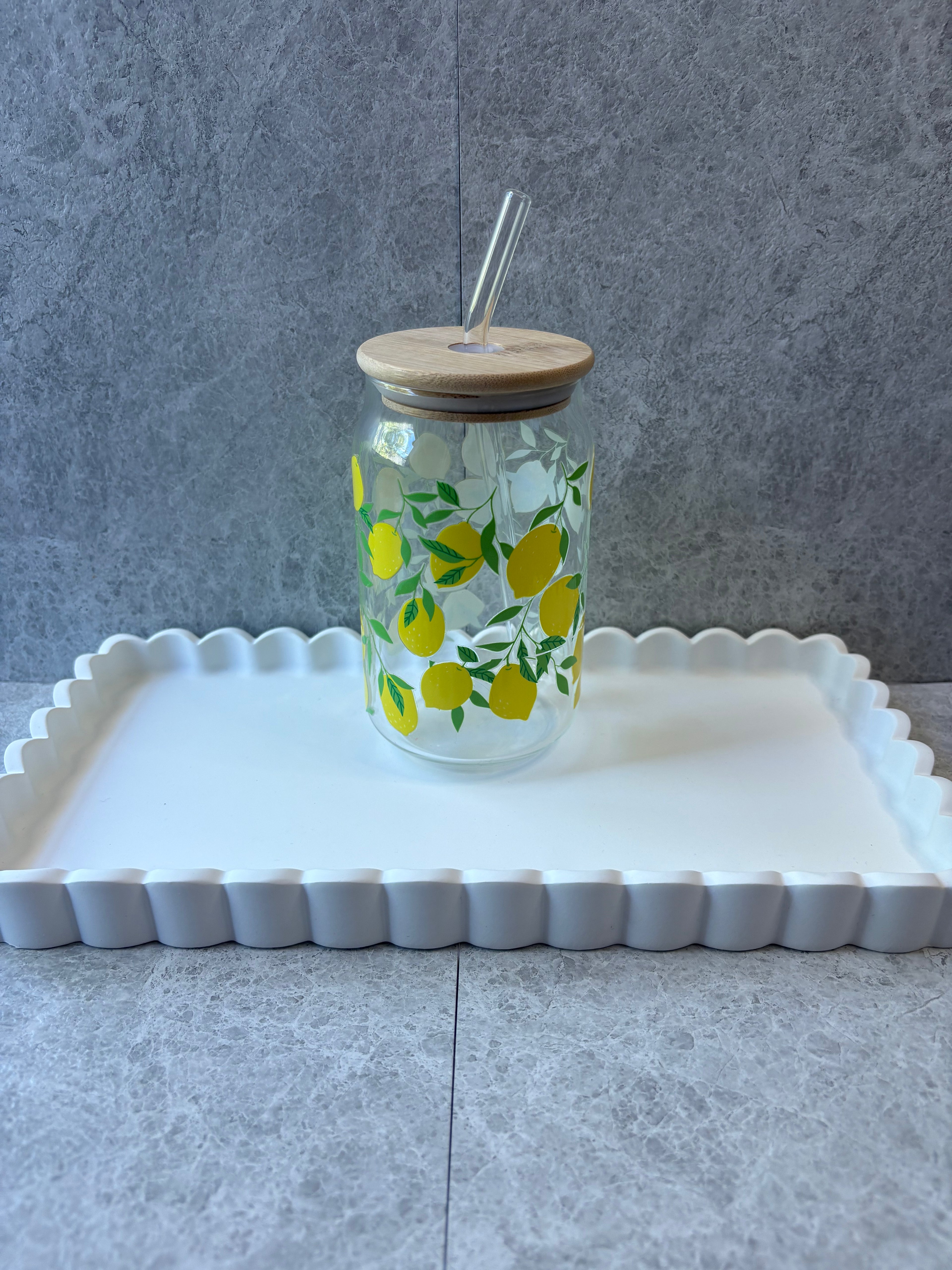 Lemon Coffee Glass with Bamboo Lid & Glass Straw