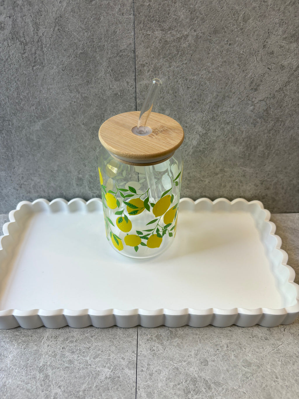 Lemon Coffee Glass with Bamboo Lid & Glass Straw