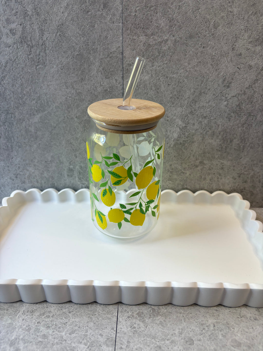 Lemon Coffee Glass with Bamboo Lid & Glass Straw