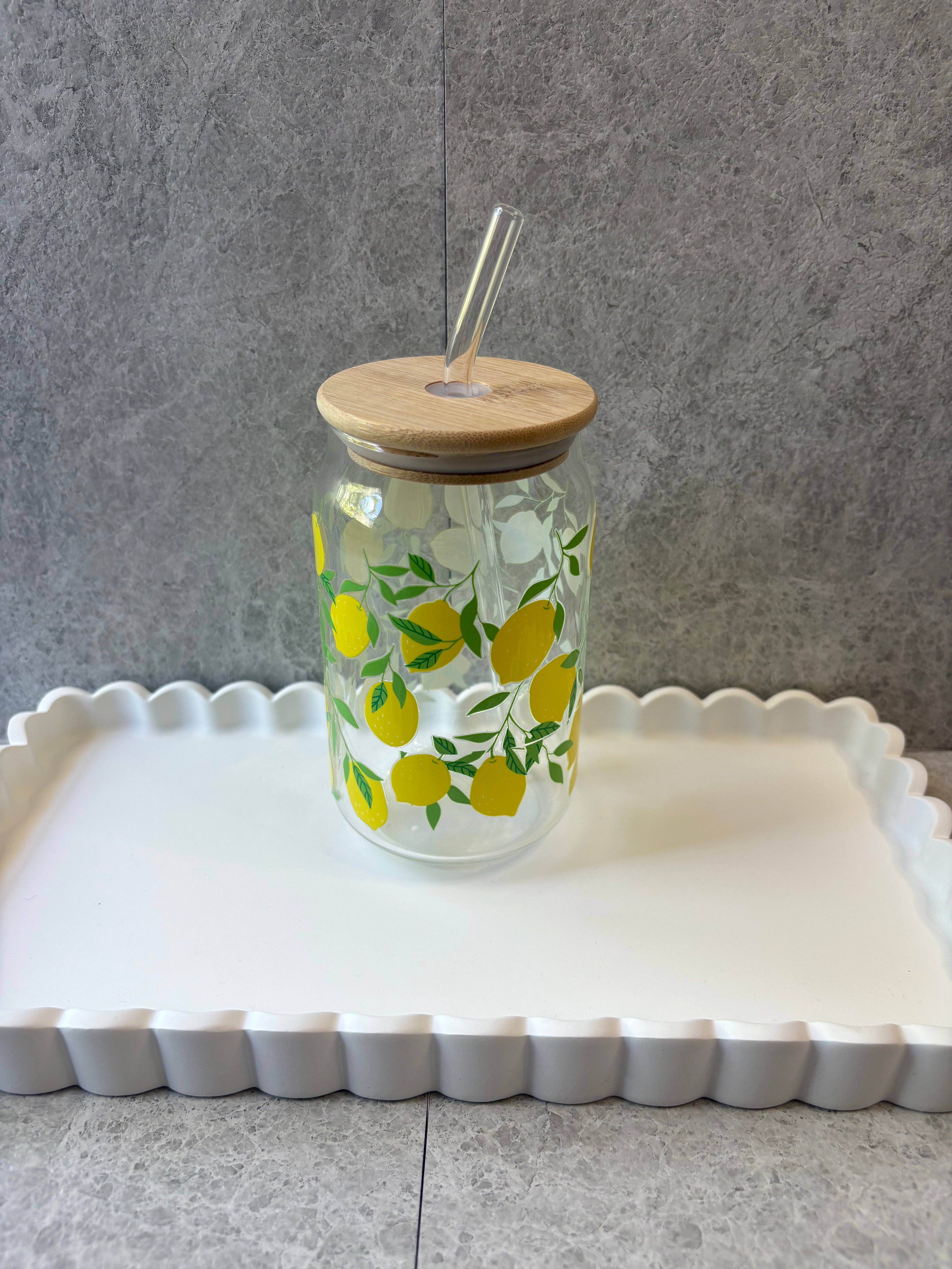 Lemon Coffee Glass with Bamboo Lid & Glass Straw