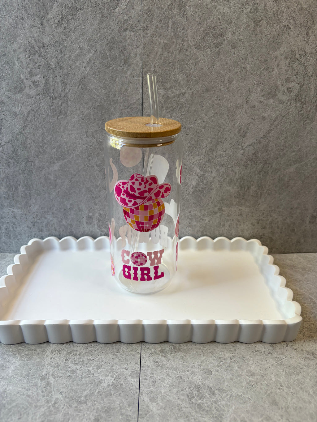 Cowgirl Coffee Glass with Bamboo Lid & Glass Straw