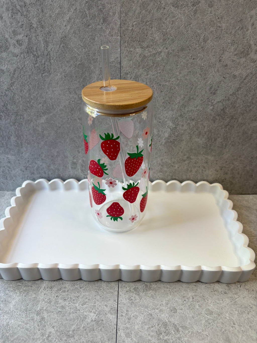 Strawberry Coffee Glass with Bamboo Lid & Glass Straw