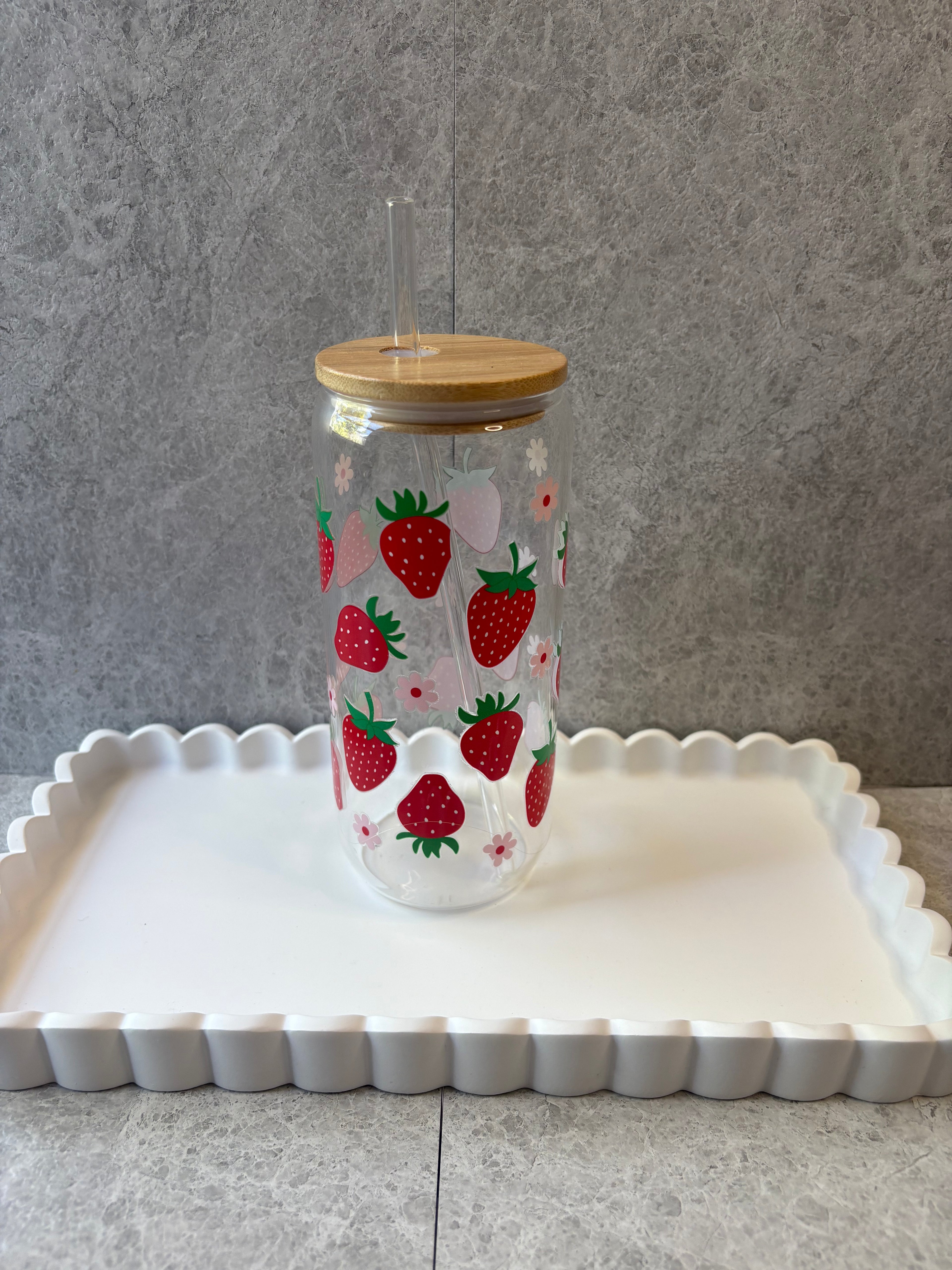 Strawberry Coffee Glass with Bamboo Lid & Glass Straw