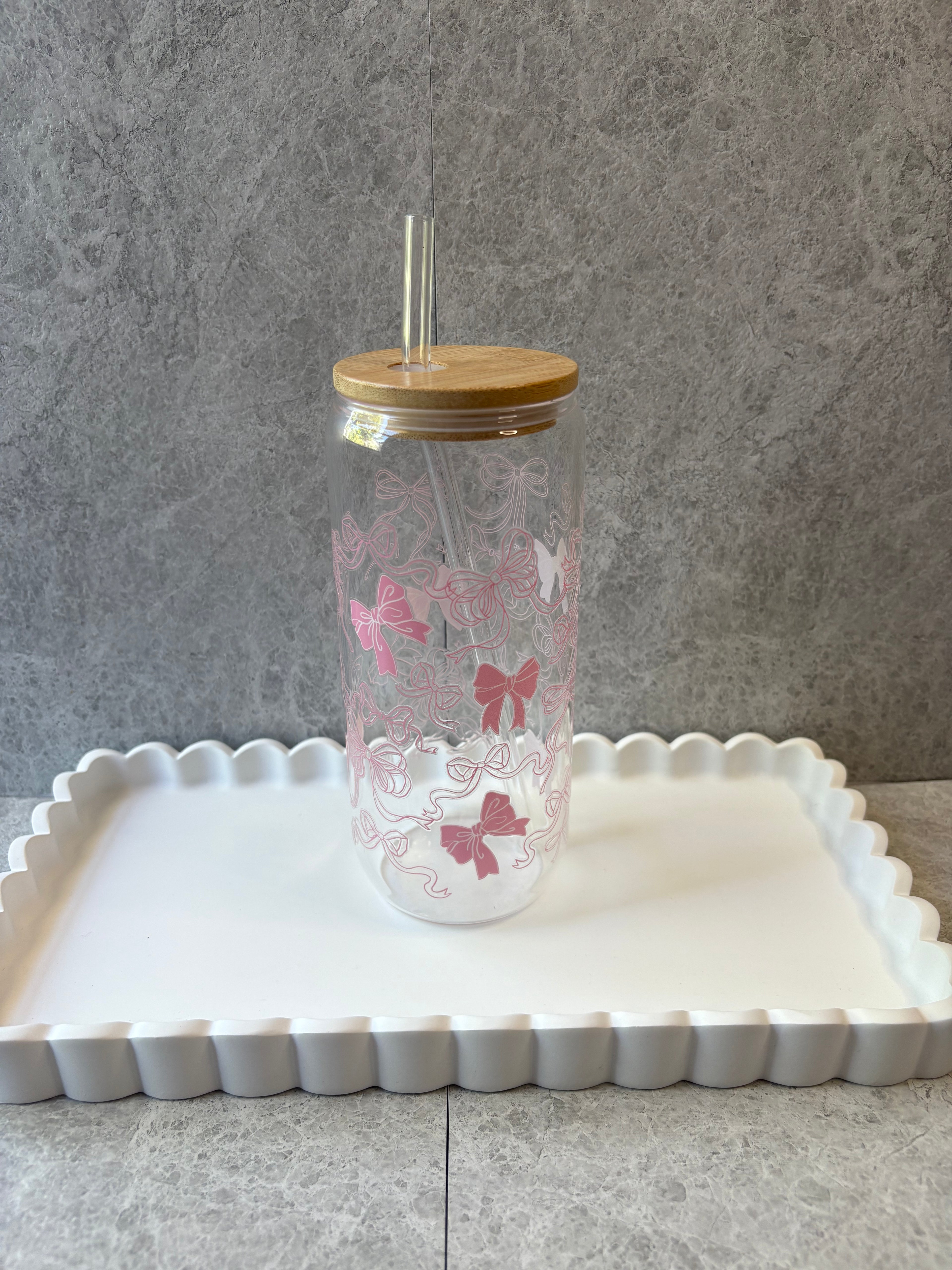Pink Bows Coffee Glass with Bamboo Lid & Glass Straw