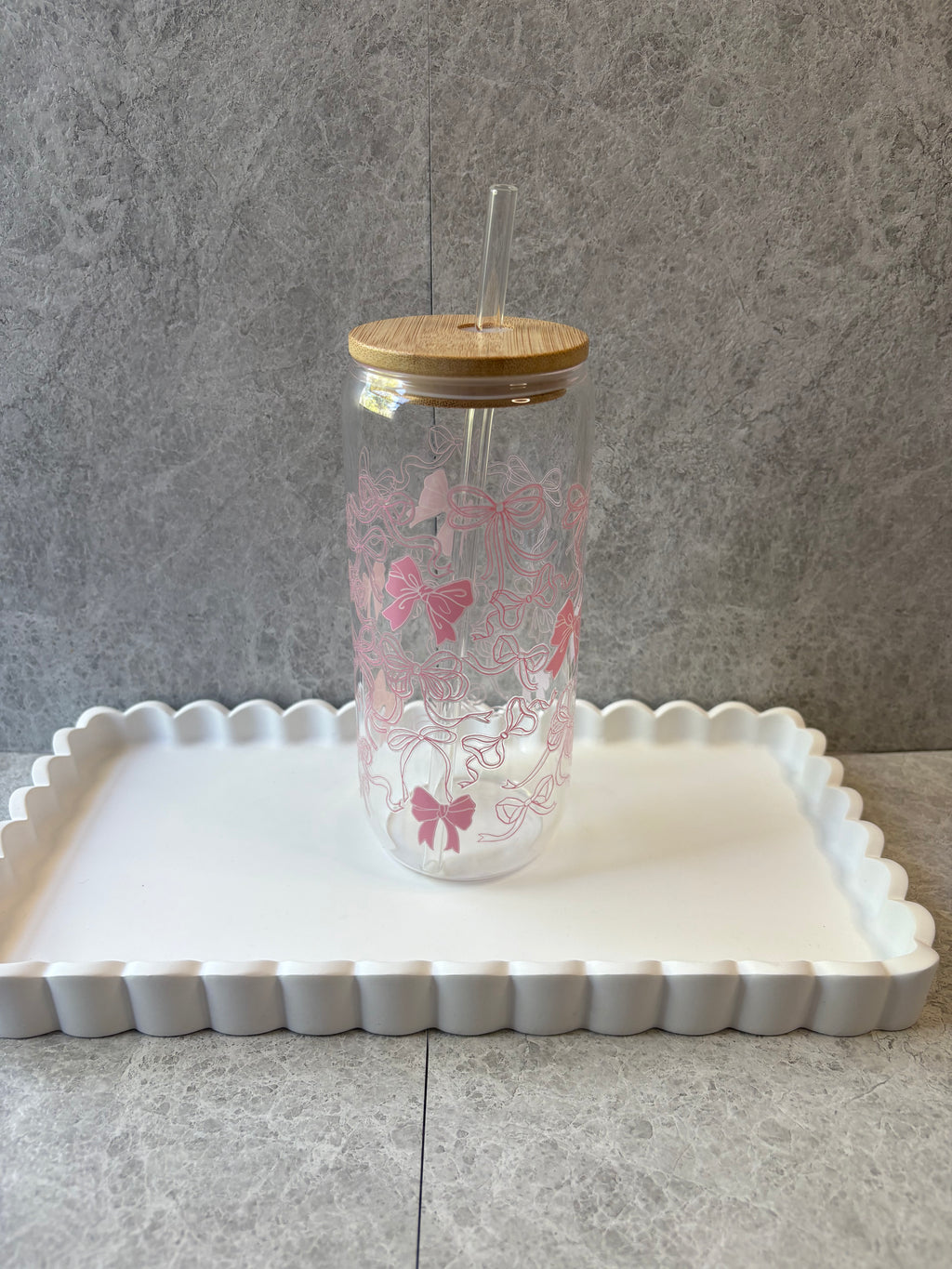 Pink Bows Coffee Glass with Bamboo Lid & Glass Straw